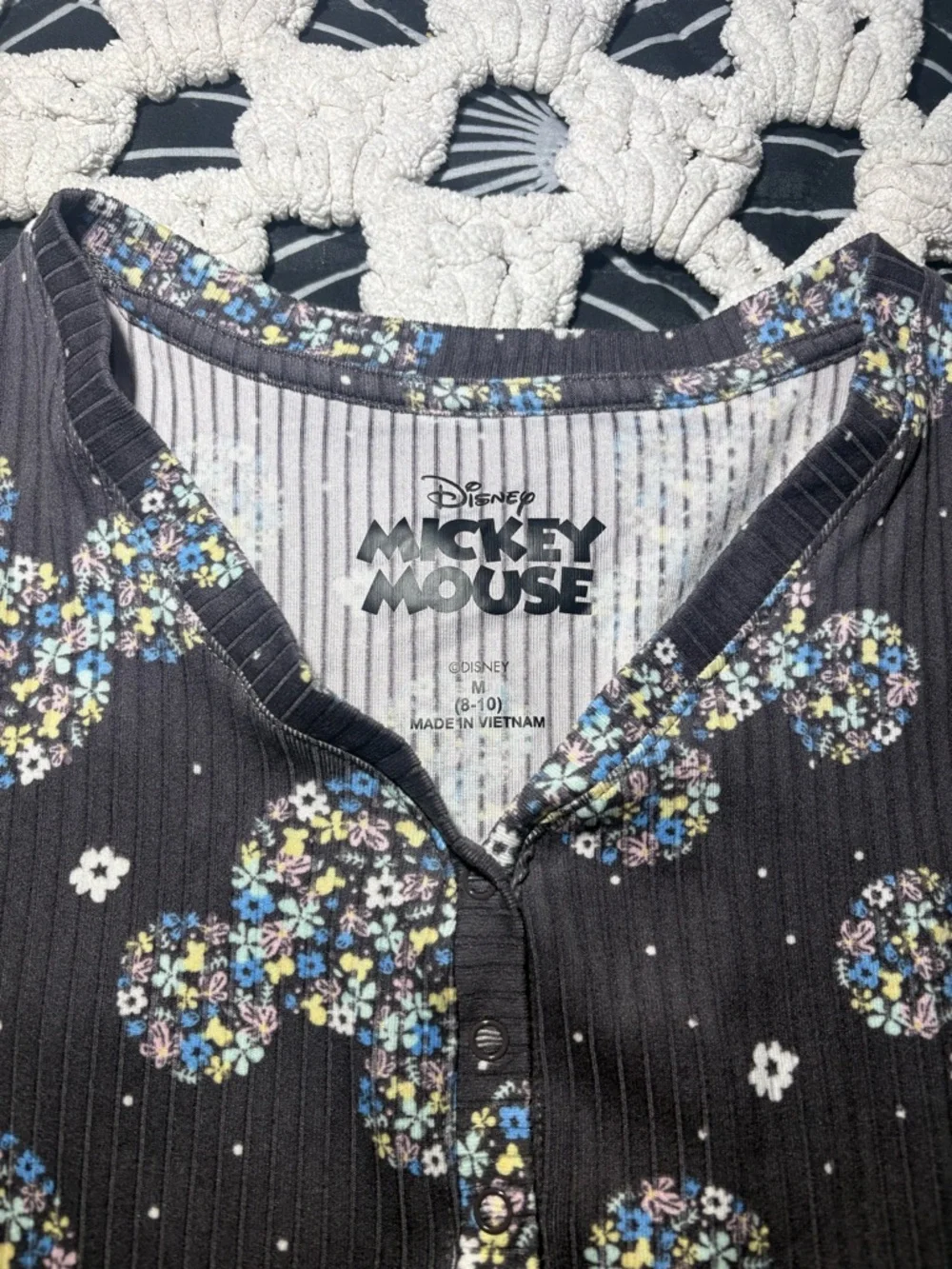 Disney Mickey Mouse Floral Print Ribbed Henley Top - Charcoal, Blue, Yellow - Picture 2 of 5